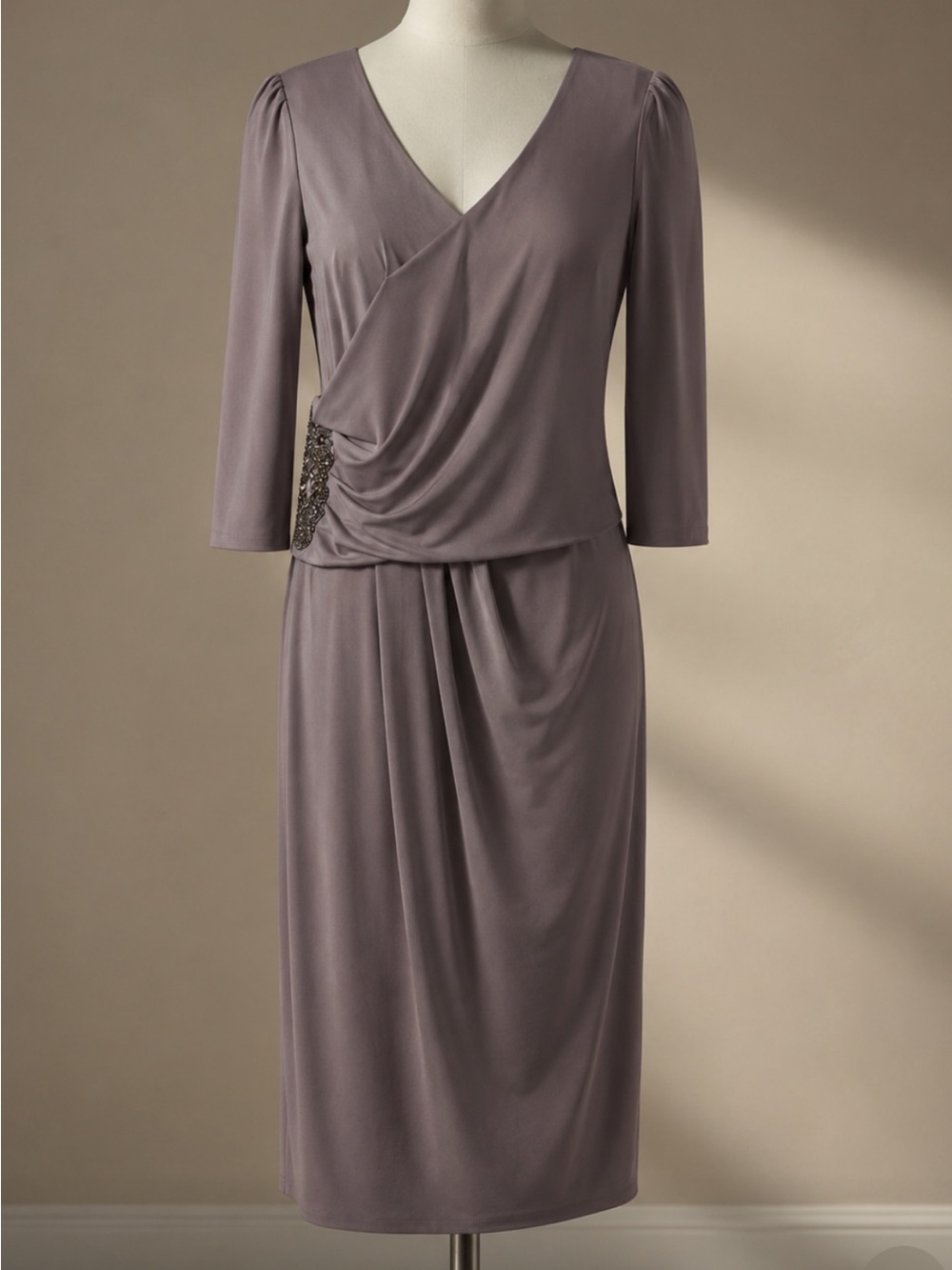 Alex Evenings Taupe Midi Dress with Draped Embellished 10